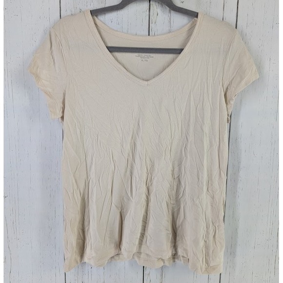 Tahari Size XL Essentials Tan‎ Short Sleeve V Neck Casual Womens Top - Picture 1 of 8